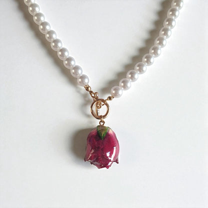 echte Roseknospe❤︎ Halskette Perlenoptik